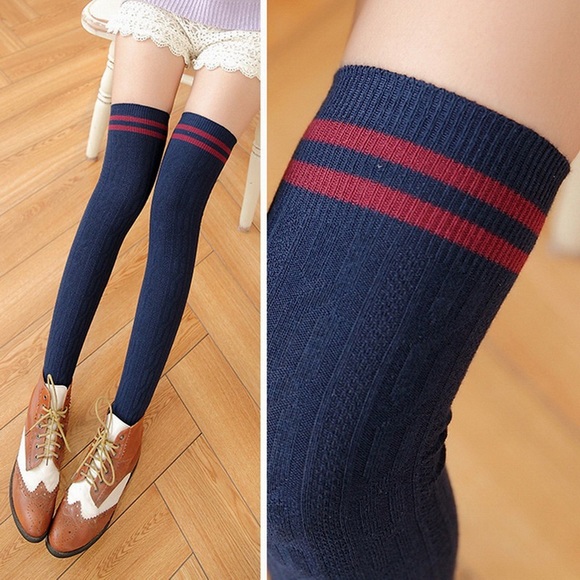 Sexy Striped Cable Knit Navy Over the Knee Socks - Picture 3 of 11